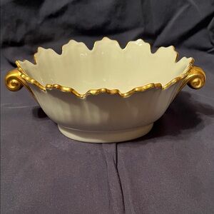 Elegant White Ceramic Bowl with Gold Trim and Scroll Handles